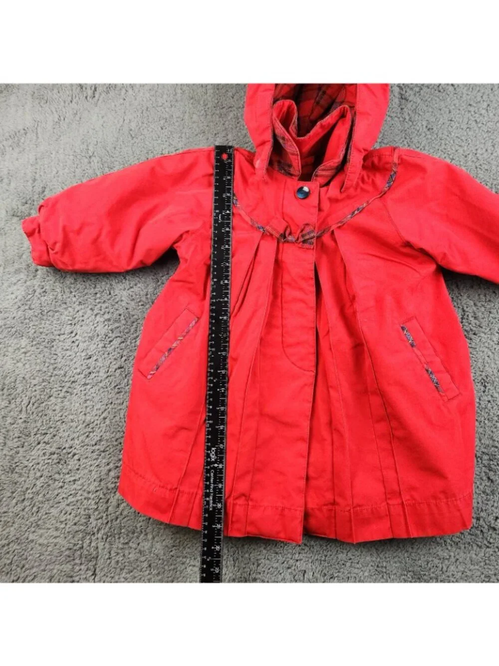 VTG Rothschild Pea Coat Girls‎ 3T Red Blue Fur Lined Bow Pleated Hooded Holiday